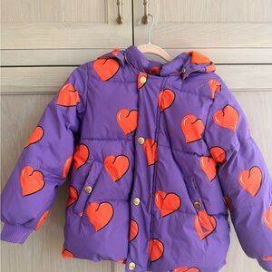 Mini Rodini Purple Puffer Jacket with Red Heart Print